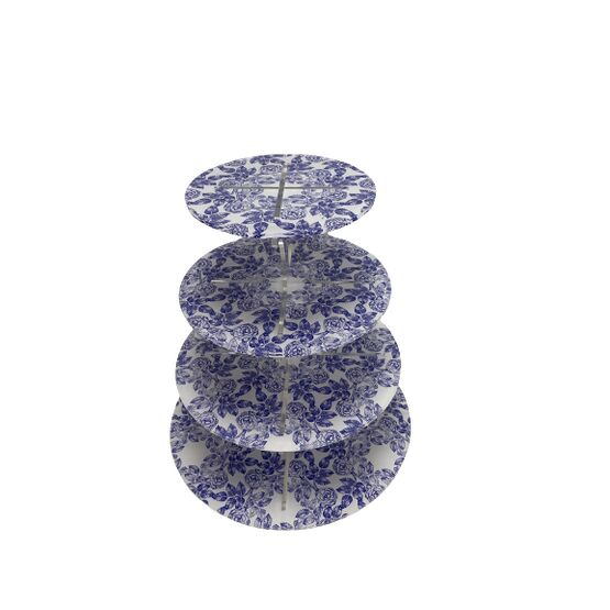 Flat-Packable 4 Tier Blue Floral Round Cupake Display Stand