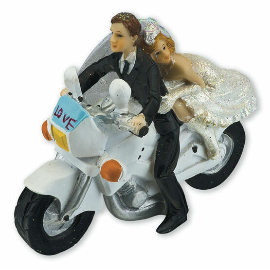 Bride & Groom On Motorbike Hand Painted Resin Cake Topper